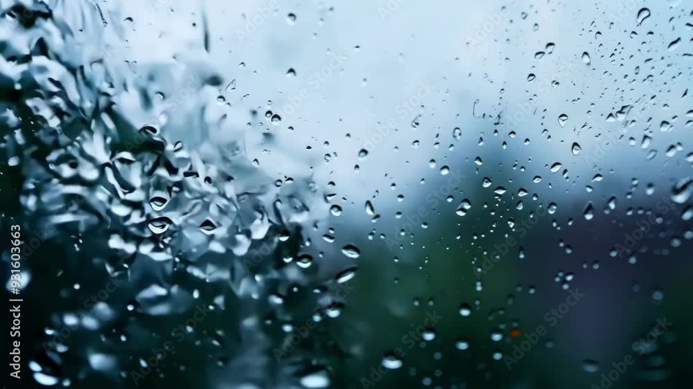 Poster rainwater gently forming droplets on a window glass, reflecting the sky in a mesmerizing pattern, wi