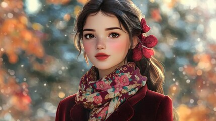 3D Cartoon Portrait of a Young Beautiful Woman in a Red Velvet Coat and Flower Pattern Scarf Outdoors