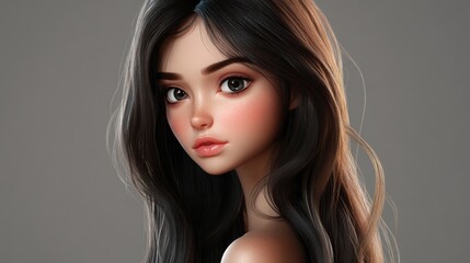 Naklejka premium 3D cartoon portrait of a lovely brunette girl with long hair gazing at the camera