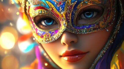 3D Cartoon Portrait of a Young Woman with a Colorful Venetian Mask