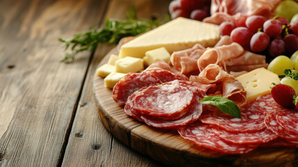 Obraz premium Sliced gourmet meat, cheese, vegetables and fruits on wooden board