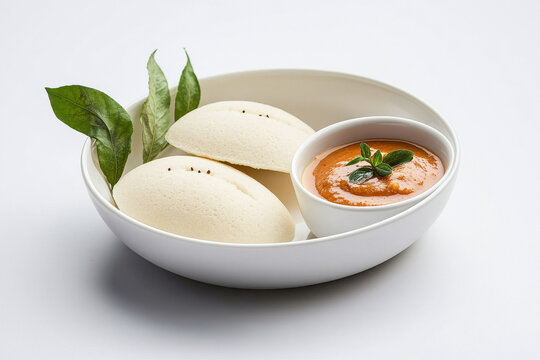 Indian idli with chutney in a white bowl against a white background