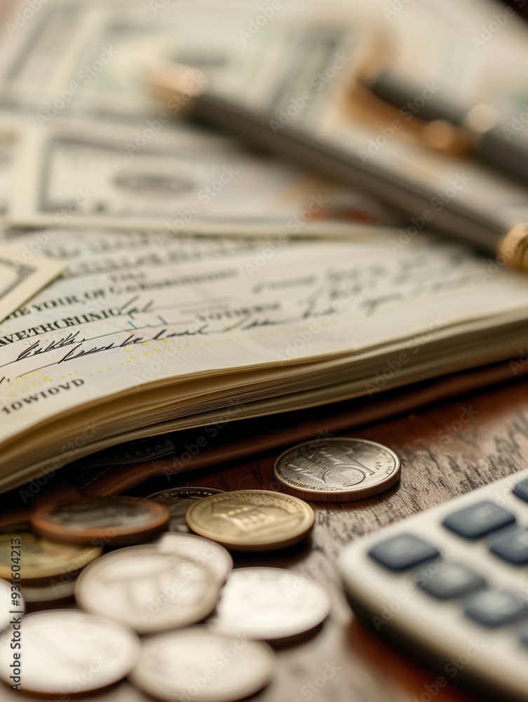 Poster A stack of cash and various coins are arranged next to an open notebook filled with financial notes and calculations on a wooden surface. Generative AI