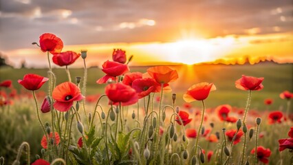 Fototapeta premium Vibrant red poppy flowers bloom in a serene sunset field, symbolizing remembrance and honor for fallen heroes on Veteran's Day, against a warm orange sky backdrop.