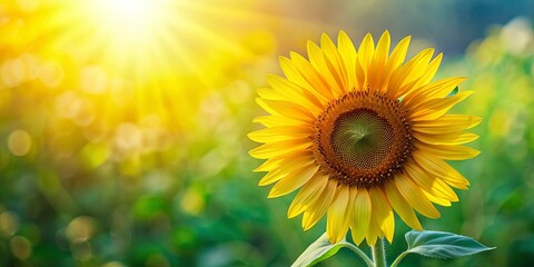 Obraz premium Vibrant sunflower with yellow petals and green leaves on background , sunflower, vibrant, yellow, petals, green, leaves, flower