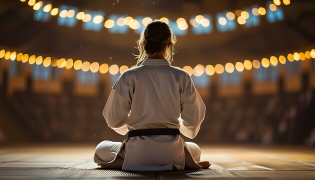 A young martial artist stands with unwavering focus before a match, the warm lights of the arena creating a serene yet intense atmosphere. Dust particles float in the air. 1