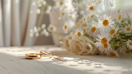 Elegant wedding rings placed on beige surface in light room with minimalist interior : Generative AI