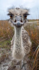 A close-up photograph of an ostrich with expressive eyes and intricate feather details, set against a blurred natural background with dry grass, emphasizing the bird's unique features and natural