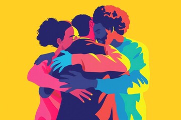 Colorful abstract illustration of three people hugging against a vibrant yellow background. Concepts of unity, friendship, and love depicted through artistic design and bright colors.