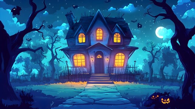 Enchanting Haunted Mansion Under the Moonlit Night Sky