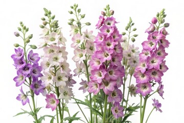 Delicate purple larkspur flowers with subtle variations in shade and texture, isolated on pure white background, showcasing their intricate detail and beauty.