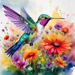 Obraz premium Beautiful watercolor of a male hummingbird amongst colorful wildflowers