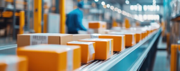 Fototapeta premium Efficient Logistics Operation in a Busy Warehouse with Conveyor Belt