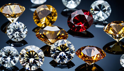 A variety of diamonds in different colors and cuts showcases their brilliance and elegance on a reflective surface