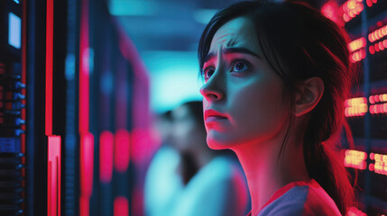 Programmer at a privacy data leak analysis screen in a big data server room