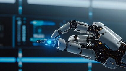 Intelligent robot machine pointing finger on dark background 3D rendering