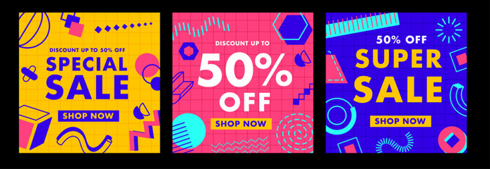 Sale banners with abstract geometric Memphis shapes. Discounts up to 50 percent off. Vector vibrant square cards, shop retail advertising templates for promoting seasonal deals or attracting customers