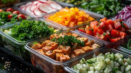 Obraz premium Colorful and Nutritious Healthy Meal with Fresh Vegetables, Grilled Chicken, and Herbs in Glass Containers