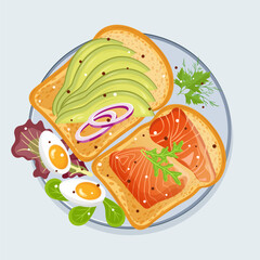 Smoked salmon and avocado toast and eggs. Healthy snack design. Flat vector illustration isolated on white background