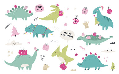 Hand drawn Christmas dinosaurs and doodle decorative elements. Holiday design, illustration, collection of winter clip arts with dinosaurs
