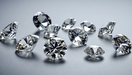 A variety of diamonds sparkle brilliantly under soft lighting, showcasing their unique cuts and clarity on a smooth gray surface