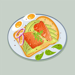 Smoked salmon and avocado toast and eggs. Healthy snack design. Flat vector illustration isolated