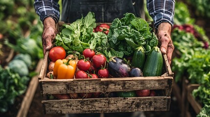 A farmer's hands hold a wooden crate full of fresh, colorful vegetables,  in a field.