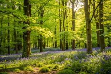 Obraz premium Tranquil forest glade bathed in soft, dappled light, with vibrant bluebells carpeting the forest floor, surrounded by towering trees and lush green foliage.