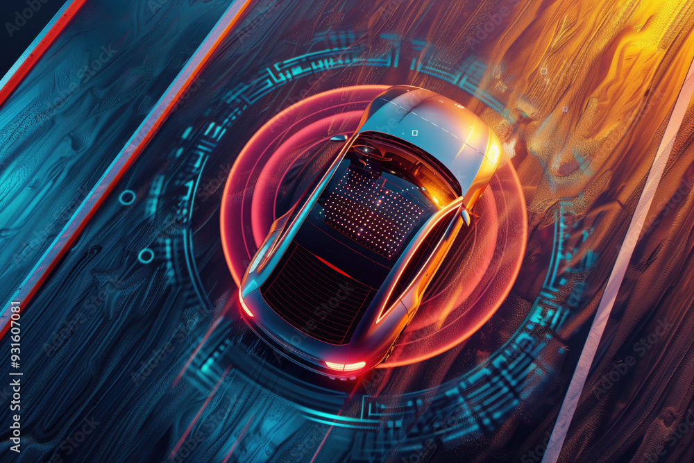 Poster a top-down view of a futuristic car emitting digital circular patterns on an illuminated road. conce
