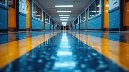 A wide-angle perspective of a brightly lit modern hallway in an educational institution, showcasing blue and yellow walls with polished floors, creating a vibrant and structured environment
