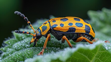 A vibrant and detailed close-up of a stunning orange and black polka-dotted insect resting on a fresh green leaf with dewdrops