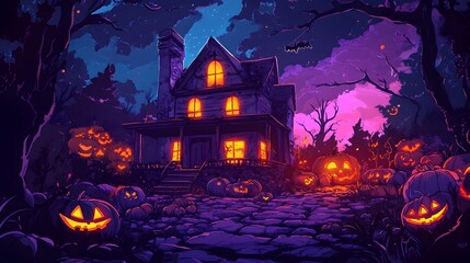 Haunted Abandoned House in Dark Spooky Halloween Forest with Glowing Pumpkins and Bats