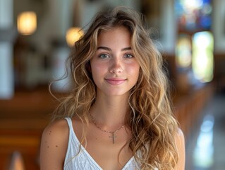 A young woman with wavy blonde hair and blue eyes is standing inside a well-lit room, wearing a light-colored top and a necklace with a cross pendant