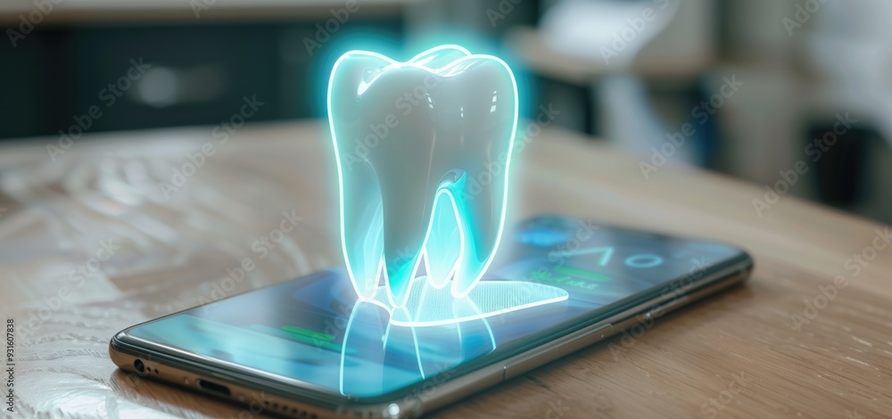 Poster glowing holographic tooth hovering over a smartphone on a wooden table in a modern setting. concepts