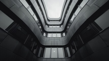 Obraz premium A striking architectural photograph capturing the dramatic curves and modern design of a multi-storey office building against a cloudy sky background