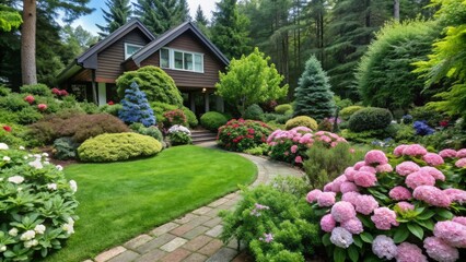 Naklejka premium Cozy house with beautiful coniferous garden with blooming hydrangeas and rhododendrons and stone path.