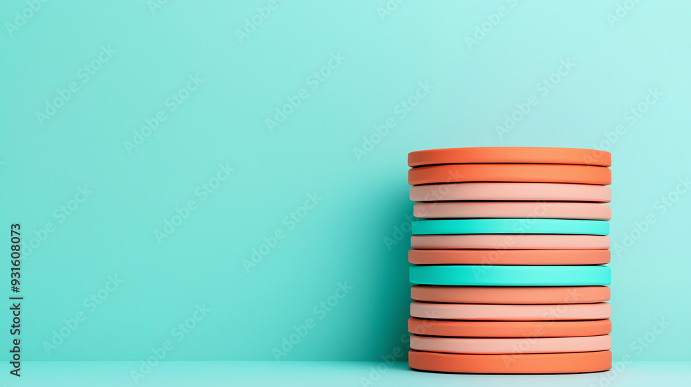 Poster a stack of colorful round disks on a vibrant turquoise background, perfect for design, education, or