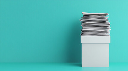 A stack of paperwork in a white box against a bright turquoise background, representing organization and office tasks.