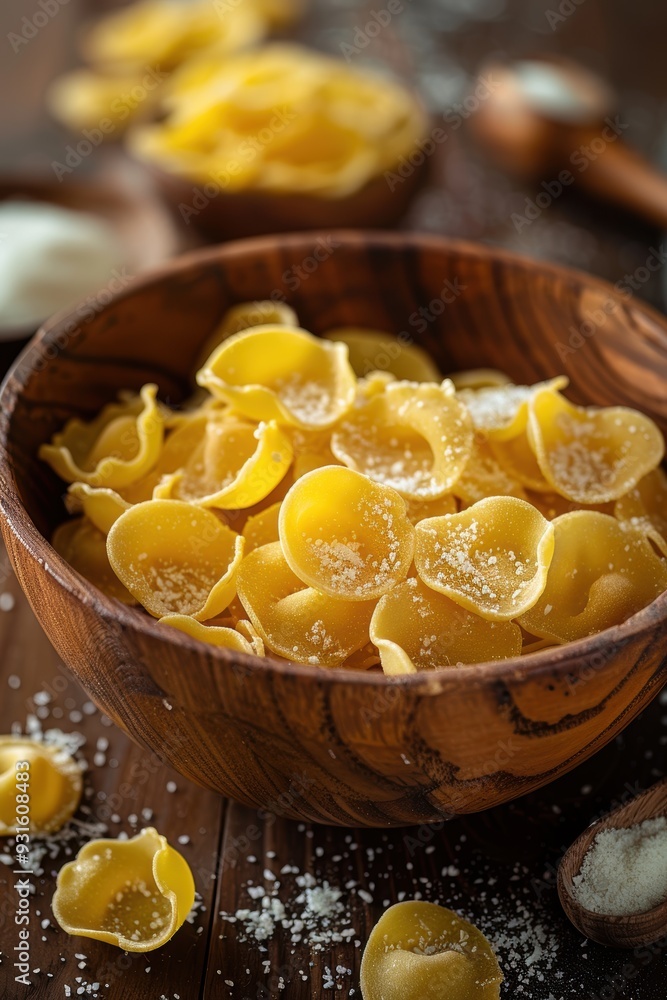 Wall mural Close-up view of a wooden bowl filled with uncooked yellow pasta shapes sprinkled with grated cheese on a rustic wooden table background