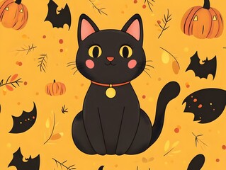 Adorable Black Cat in Whimsical Halloween Themed with Pumpkins and Bats