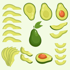 Avocado illustration set. Whole avocado and slices design elements. Stock vector artwork isolated on white background. Healthy food symbols.