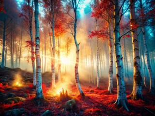 Ethereal birch trees with vibrant red roots and glowing crimson light beams pierce through the misty atmosphere, casting an enchanting spell in a mystical woodland landscape.