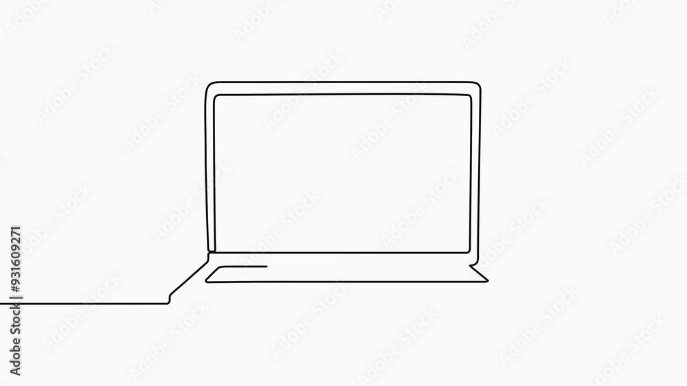 Poster animated laptop continuous line drawing. open computer linear gadget.