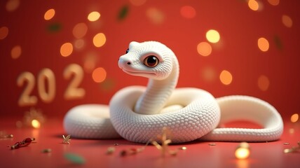 Fototapeta premium A cute white snake on Christmas and new year background. The Chinese calendar of 2025 year with gold bokeh