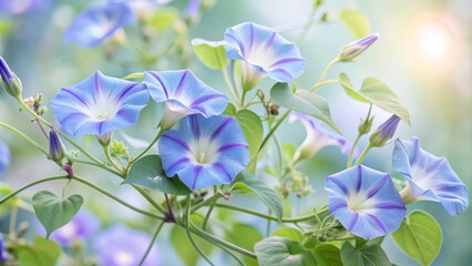 Vibrant morning glory vines in full bloom, with delicate trumpet-shaped flowers and entwining stems, set against a soft watercolor background in shades of blue and green.