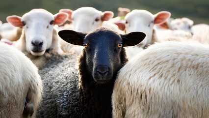 Obraz premium The animal stands out from the group of other animals. Black sheep among white sheep, close-up. Concept: uniqueness and individuality, discrimination and racism.