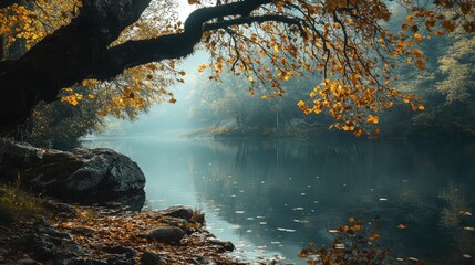 Fototapeta premium A serene landscape frozen in time, with leaves suspended mid-fall, representing creative stillness.