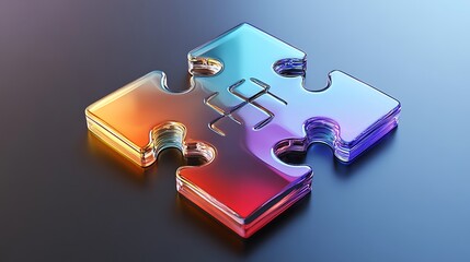 A glass puzzle piece, with iridescent colors, on a dark background.
