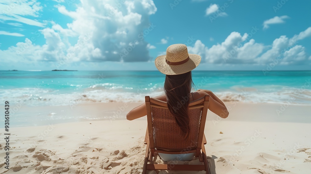 Wall mural Happy picnic and woman on chair at beach to relax on holiday or vacation in summer Luxury travel and back of girl with leisure on Cancun island sand and tropical adventure to ocean or  : Generative AI