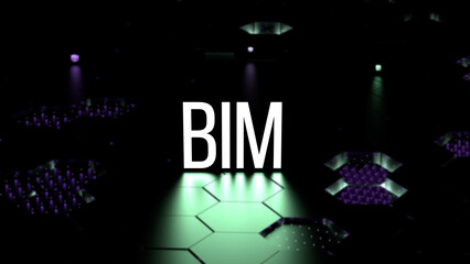 BIM building information modeling acronym,text glowing on a blurred background. BIM infrastructure,buildings,concept,wallpaper.3D render